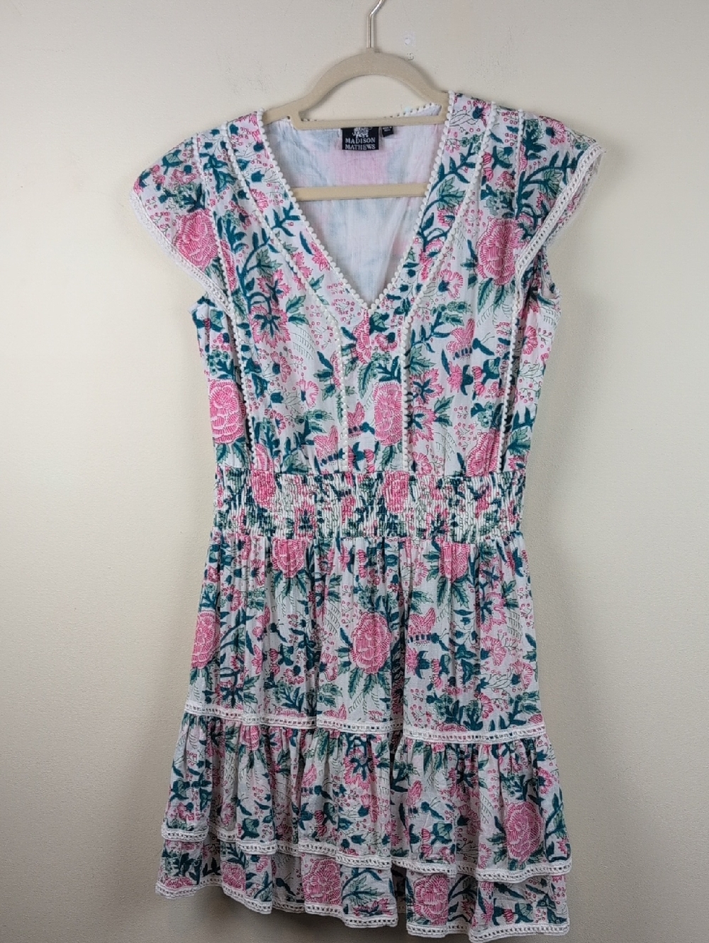 Madison Mathews Floral V-Neck Smocked Waist Cotton Dress Size M
